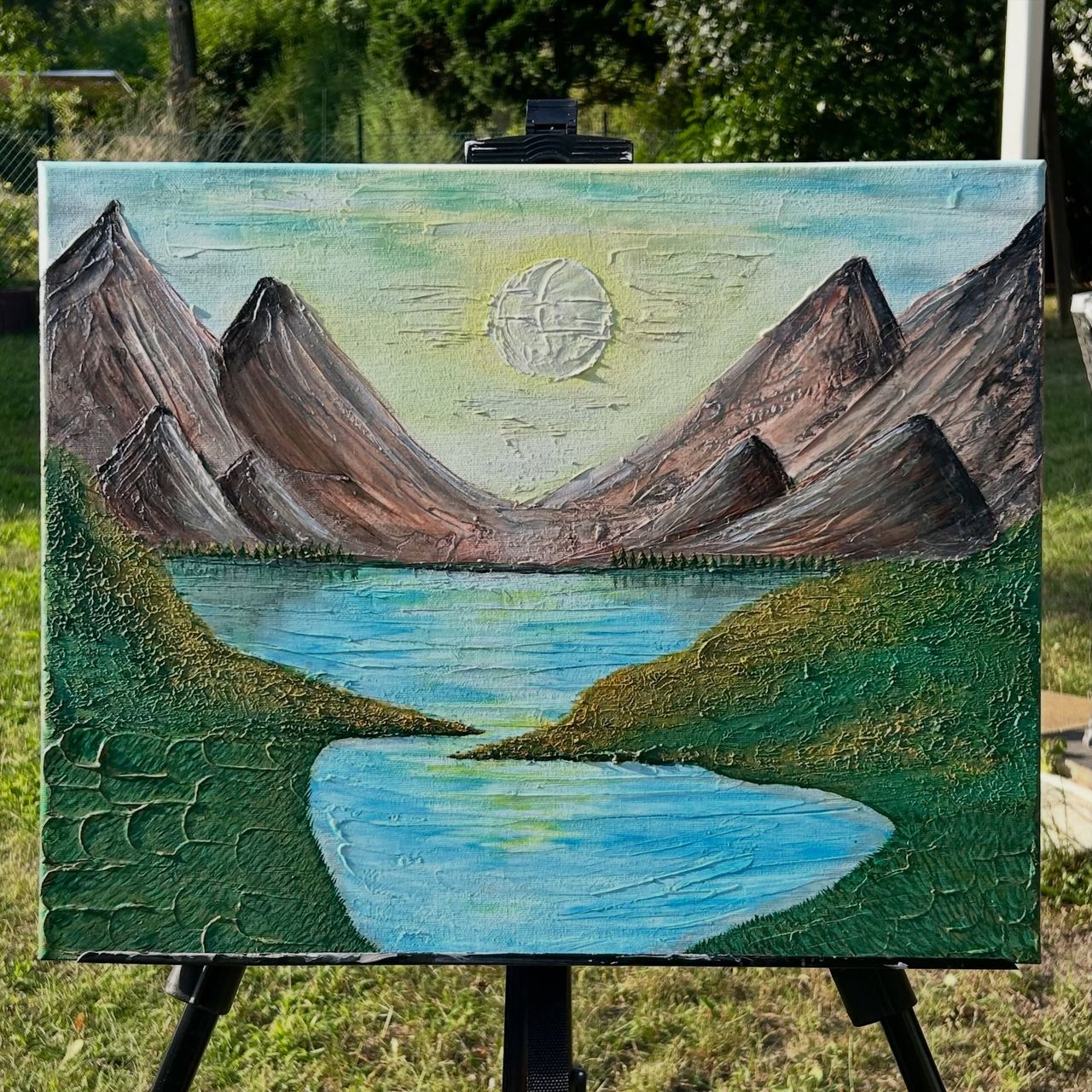 Berglandschaft mit See und Sonne, Acryl auf Leinwand